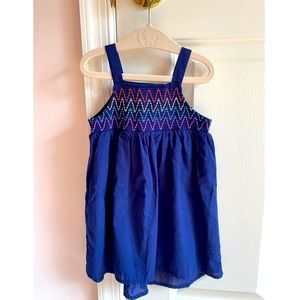 Navy smocked, embroidered sundress with matching bloomers